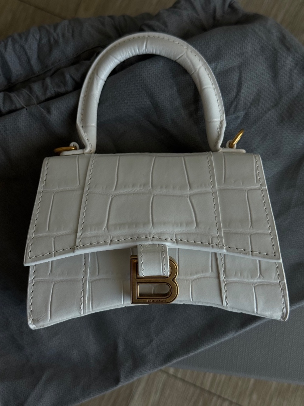 NEW Balenciaga White Embossed Leather Hourglass Mini Handbag with chain